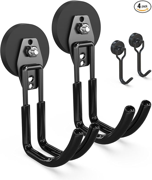 3-H Extra Strong Magnetic Hooks,Heavy Duty Large Anti-Slip Magnet Hooks J Shape,No-Drill Tool Holder for Garage,Power Drill,Garden Tools,Hose Storage,2 Pack Black