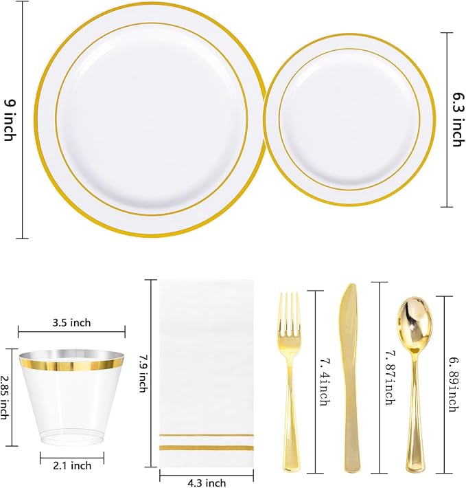 GATHER 350PCS Gold Plastic Plates - White and Gold Disposable Plastic Dinnerware Set Include 50 Dinner Plates, 50 Dessert Plate, 150 Silverware, 50 Napkins, 50 Cups for Party & Wedding
