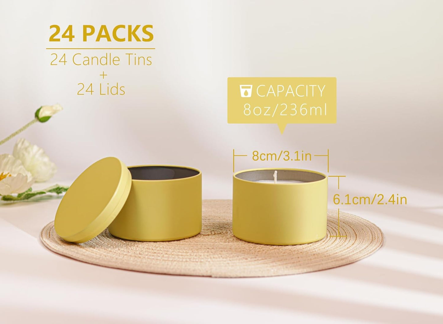 Aroparc Candle Tins 8oz with Lids, 24 Pack Seamless Candle Containers for Candle Making Supplies Empty Candle Jars - Lemon