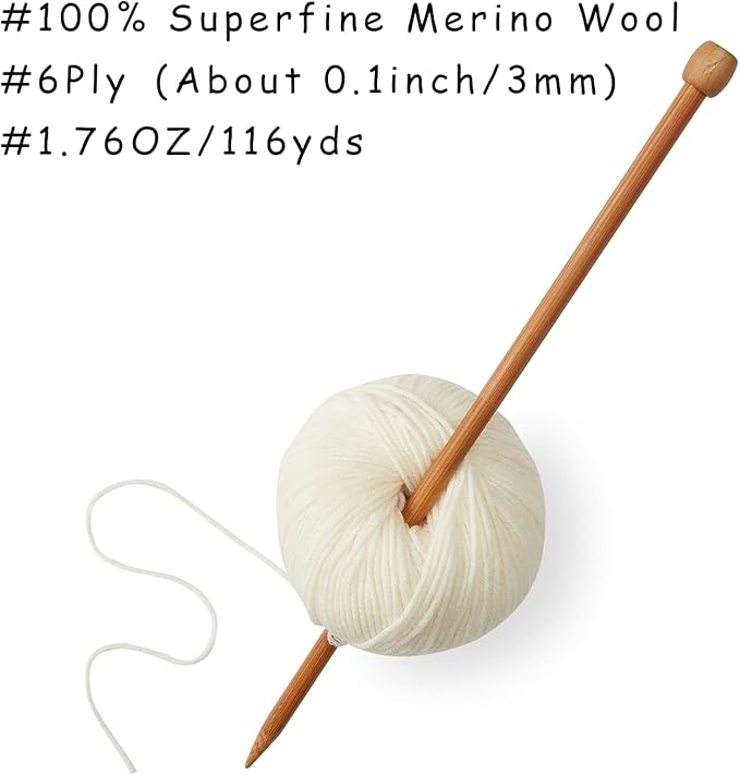 100% Merino Wool Yarn, 6-Ply Luxurious and Soft Yarn for Hand Knitting & Crocheting, 1.76 OZ/50g, 127 yds/116 Meters (White, 3 Balls)