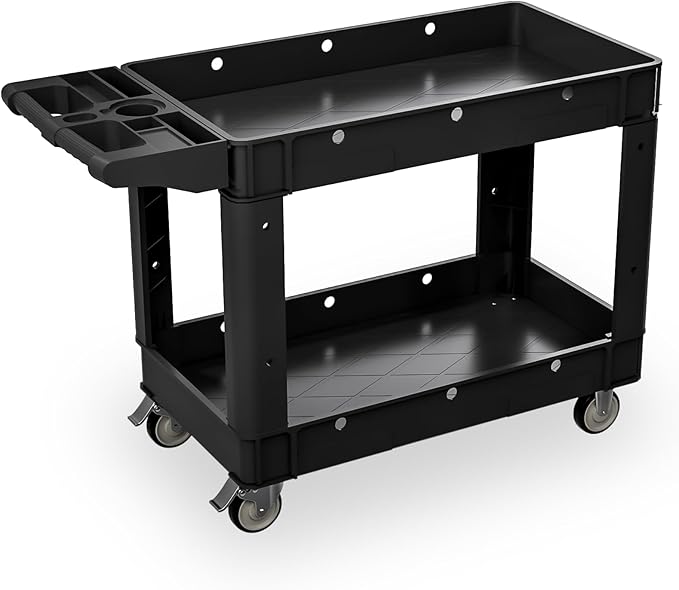 Our Modern Space Commercial Grade 2 Shelf Utility Cart with Wheels - Rolling Tool Trolley, Heavy Duty Service Push Cart for Business Warehouse Office Restaurants Ecommerce Garage