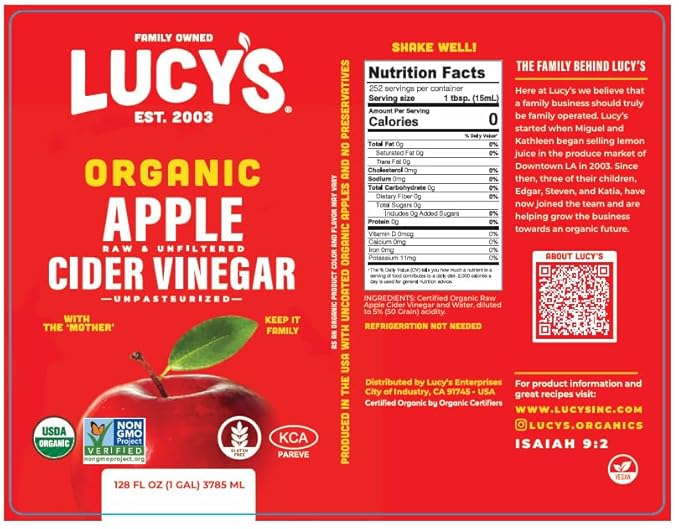 Lucy's Family Owned - USDA Organic NonGMO Raw Apple Cider Vinegar, Unfiltered, Unpasteurized, With the Mother, (2 Pack Gallon)