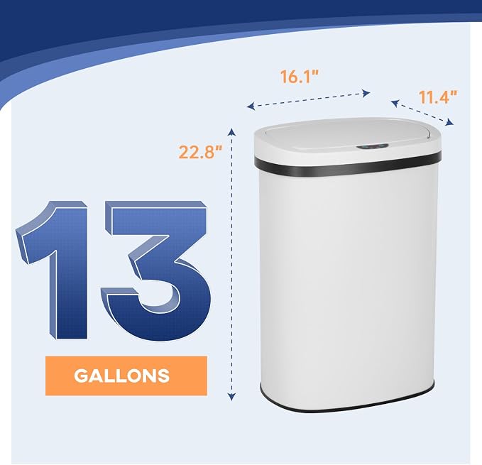 Furniture of America Verbena 13 Gallon Metal Household Trash Can with Motion Sensor Lid for Kitchen, White