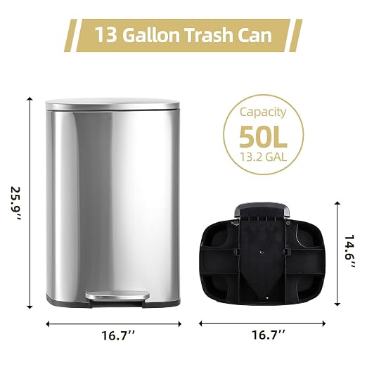 Fashionwu 50L/13 Gallon Stainless Steel Rectangular Trash Can with Foot Pedal, Soft Close Lid