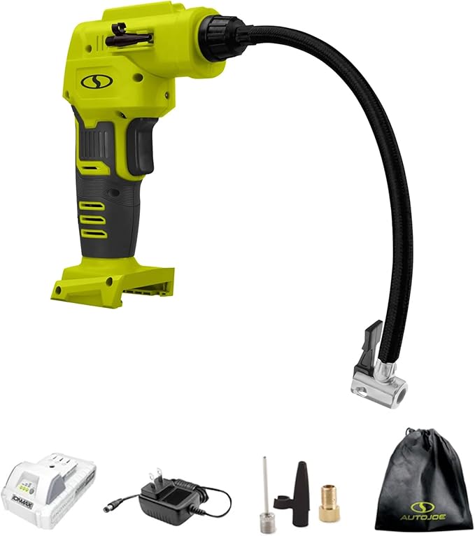 Sun Joe Cordless Tire Air Inflator and Compressor Kit w/ 2.0-Ah Battery, Charger and Nozzle Adapters - Portable Battery-Powered Inflating Tool for Car Wheels, Pools, and Bikes, IONMAX 24V-AJC-LTE