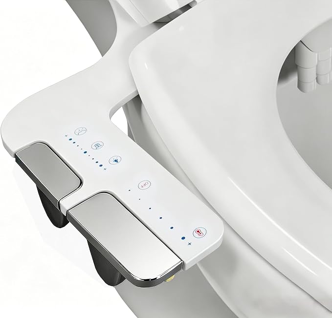 ULTRA-SLIM BIDET ATTACHMENT FOR TOILET WITH SOLID BRASS INLETS, DUAL TEMPERATURE HOT AND COLD WATER BIDET, NON-ELECTRIC TOILET BIDET WITH FEMININE & POSTERIOR WASH, NOZZLE SELF-CLEANING, 0.2"