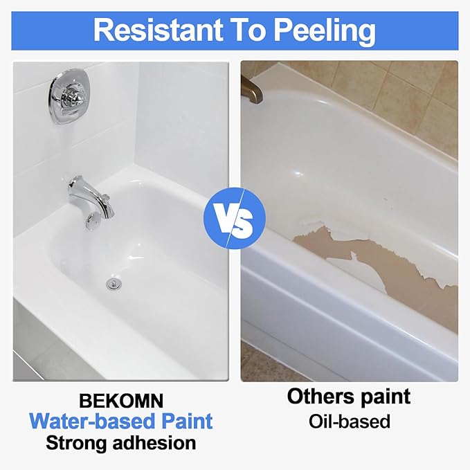 BEKOMN Tub Paint,Tub and Tile Refinishing Kit 33oz with Tools,Bathtub Paint White Water-based Low Odor,Easy to Use for Sink Kitchen Bathroom,Semi-Gloss,50-55sq.ft
