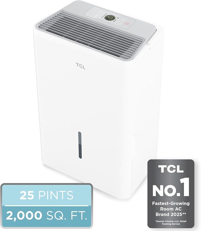 TCL 25-Pint Capacity Quiet, Energy Efficient Portable Dehumidifier, Precise Humidity Control, Bucket or Continuous Drain, Compact Humidity Absorber for Home, Attic, Garage & Rooms up to 2000 Sq Ft