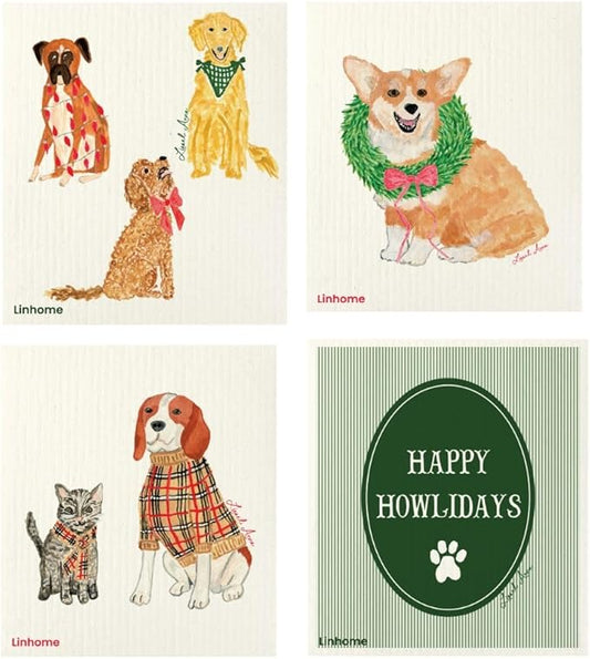 Christmas Holiday Swedish Dishcloth, Cats & Dogs Collection, Reusable Paper Towel, Super Absorbent Cellulose Sponge, Washable Kitchen Cleaning Cloth (Holiday Paws Cats & Dogs - 4 Pack)