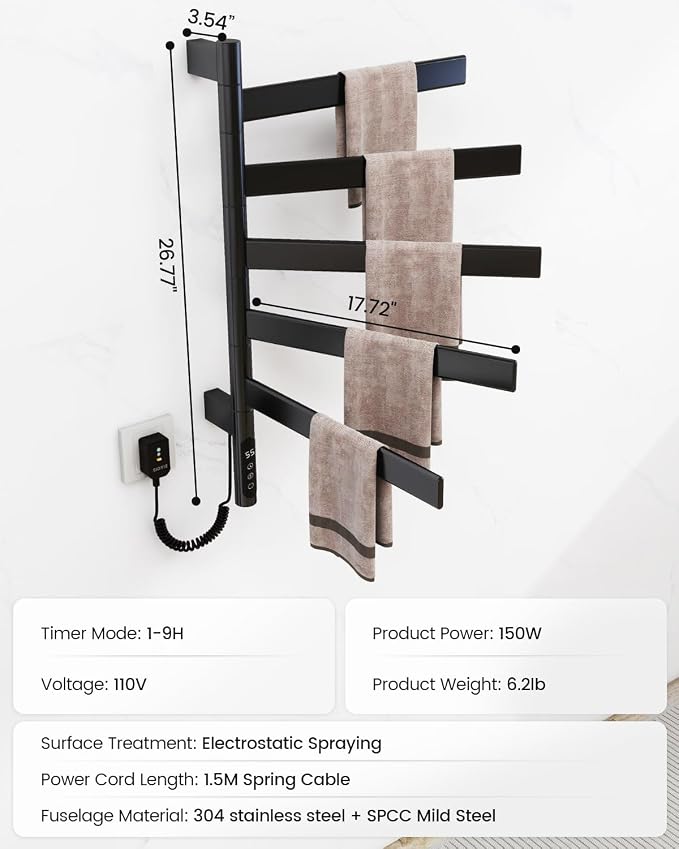 Heated Towel Racks for Bathroom, Wall Mounted Towel Warmer Swivel with Timer & Temp Control, Digital Touch Panel, 110V IPX5 Hardwired & Plug-in