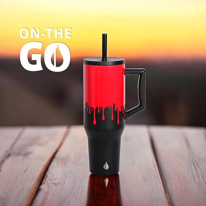 Elemental 40 oz Tumbler with Handle and Straw - Spill Proof Insulated Stainless Steel Commuter for Cold Beverages - Travel Coffee Mug with 2 Straws & Spill Proof Lid - 40oz - Sanguine Drip