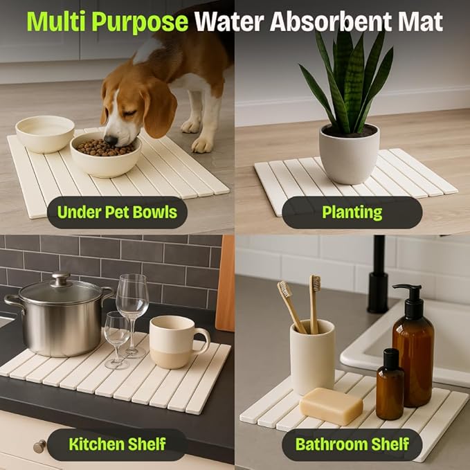 Stone Dish Drying Mat for Kitchen Counter, Large Quick Dry Diatomaceous Earth Stone Drying Mat, Foldable Water Absorbent Dish Drying Mat for Dishes, Cups, Bottles, Kitchen Sink & Countertop (White)