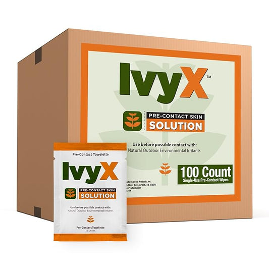 CoreTex Ivy X Pre-Contact Poison Ivy Wipes - Bulk Pack of 100 Single-Use Barrier Wipes to Help Prevent Itchy Rashes - Also Works on Poison Oak & Sumac Oils - Quick Dry & Chalk-Free Formula