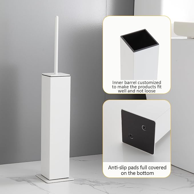 Toilet Brush and Holder Floor Standing, White with 2 Replaceable Heads, Bathroom Toilet Brush, Freestanding Toilet Bowl Brush with Removable Liner and Splash Guard, Modern Square Design