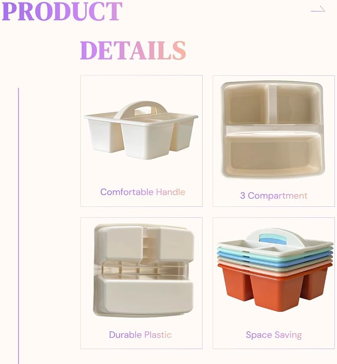 RAUVOLFIA Set of 6 Classroom Caddy, Small Plastic Storage Caddy with Handle for Classrooms, Home and Office Organization, 3 Compartment (Boho)