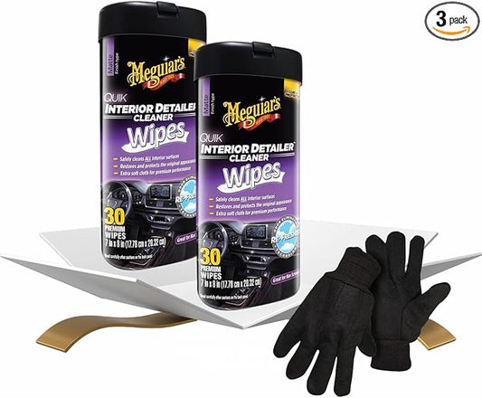 2x Quik Interior Detailer Multi-Surface Cleaner Wipes 30 Ct Bundle with Work Gloves – Convenient Car-Wipes for Dashboard, Vinyl, and Leather Wipes Use — Gift Set (3 Items)