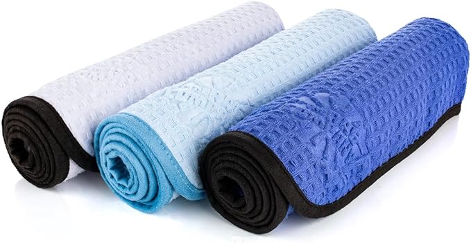 The Rag Company Dry Me A River, Professional Korean 70/30 Blend Microfiber Waffle-Weave Drying & Detailing Towels, Soft Suede Edges, 390 GSM, 16x24 Inches, Royal Blue, 3-Pack