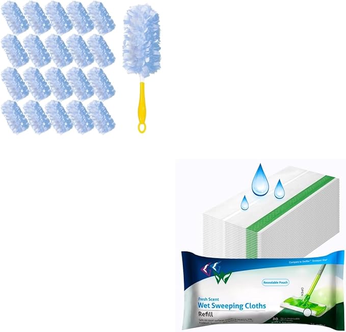 360° Heavy Duty Duster Refills for Swiffer,20 Count Duster Refills with 1 Handle + Wet Mopping Pad Refills for Swiffer Sweeper Wet Pads 30 Count