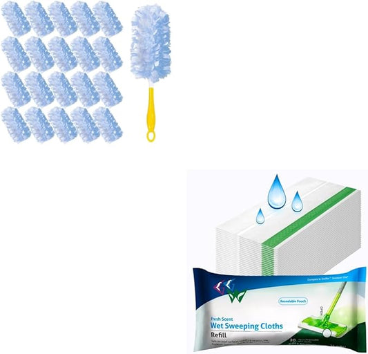 360° Heavy Duty Duster Refills for Swiffer,20 Count Duster Refills with 1 Handle + Wet Mopping Pad Refills for Swiffer Sweeper Wet Pads 30 Count