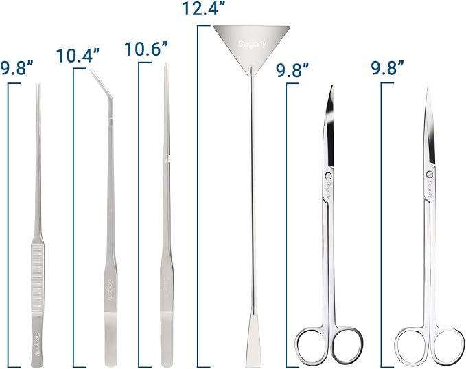 Segarty Aquarium Aquascaping Tools, 6 in 1 Stainless Steel Silver Aquascaping Tools Kit for Aquatic Plant Fish Tank, Long Scrapers Spatula Feeding Tweezers Curved Straight Scissors Aquarium Tools