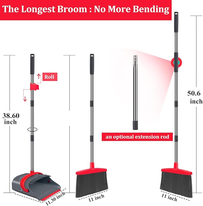 Ivandar Broom and Dustpan Set,Broom with Dustpan Combo Set Dust pan with Long Handle, for Home Kitchen Room Office Lobby Floor Use Upright Stand Up(Gray&Red)