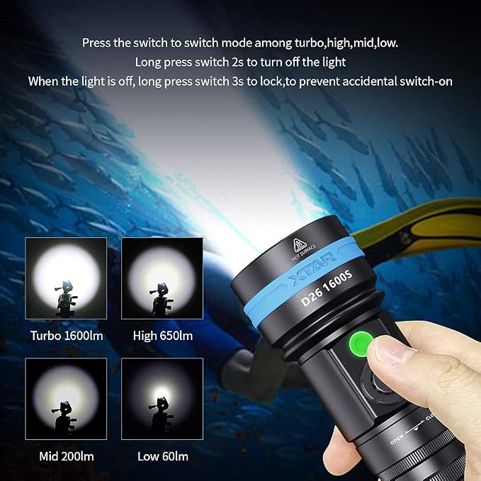 XTAR D26 1600 Lumen Scuba Diving Flashlight Dive Torch Underwater 100 Meters Submarine Lights for Under Water Deep Sea Cave at Night (Full Set)