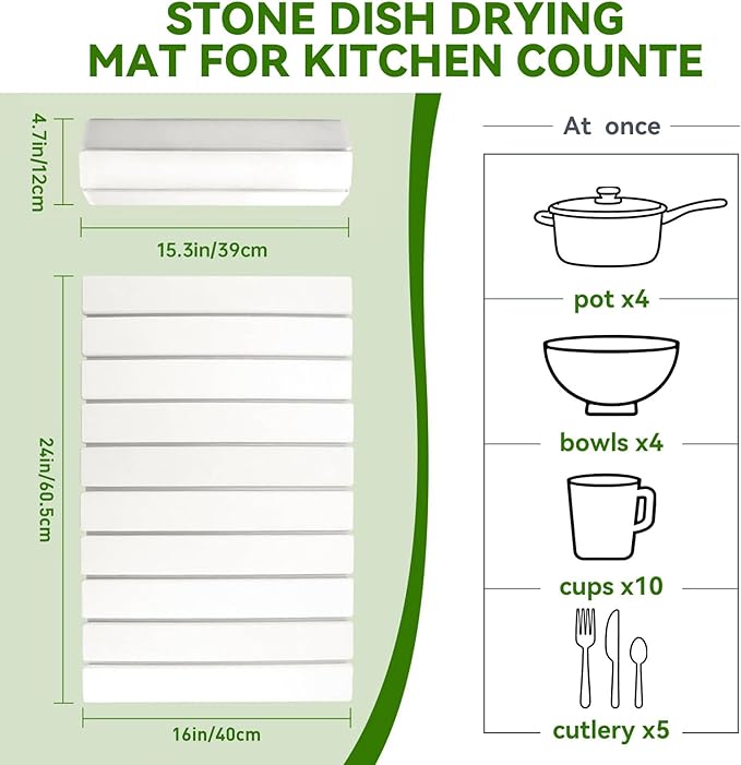 23" x16" Stone Dish Drying Mat for Kitchen Counter, Collapsible Diatomaceous Earth Quick Dry Absorbent Large Dish Drying Mat Large