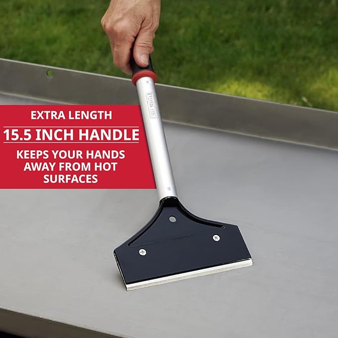 Heavy Duty Griddle Scraper for Flat Top Grills – 15.5” Long Handle Cleaning Tool w/ 5.5” Replaceable Flat Stainless Steel Blade - Removes Burnt-On Food & Grease - by FryOilSaver Co. - 90018