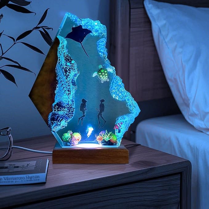 Scuba Diving Resin Ocean Lamp,Handmade 3D Ocean Night Light With Woodden Base,Variable Lights, Scuba Diver Gifts,Diving Enthusiast Collectibles, Unique Birthday Holiday Gifts for Men & Women (L12"x8")