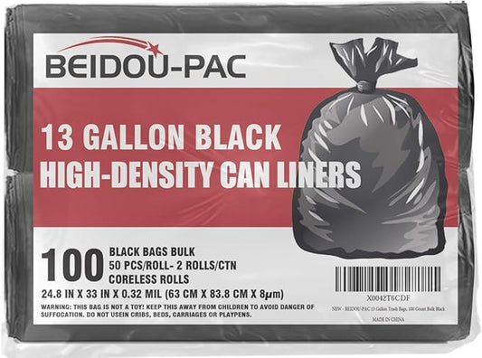 BEIDOU-PAC 13 Gallon Trash Bags, 100 Count Black Tall Kitchen Garbage bags, Multi-purpose Trash Can Bin Liners for Bathroom, Office, Industrial, Commercial, Janitorial, Municipal, Recycling