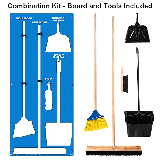 Clean & Sweep 5S Shadow Board/Wall Mount Broom Holder, 68" x 30" Board, 5S Cleaning Station - with Broom and Dustpan Set Included, Made in The USA by AccuformNMC, Blue/White, PSB716BUWT