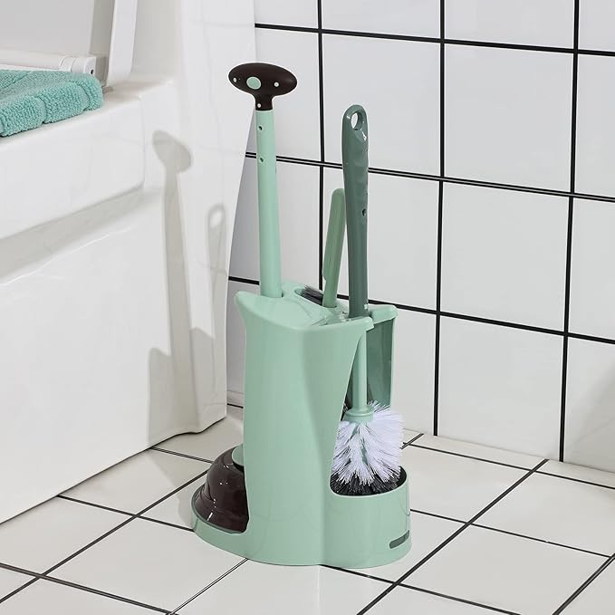 Cq acrylic Toilet Brush and Plunger Set,Green 3 in 1 Bathroom Scrubber Plunger and Angled Toilet Bowl Brush & Scrubber Combo with Holder and Rim Cleaner for Camper,Rv,Apartment,New Home,Set of 1