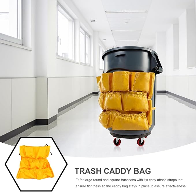 ULTECHNOVO Janitorial Trash Can Caddy Bag, 12-Pocket Vinyl Organizer for 32-44 Gallon Round Waste Containers, Heavy Duty Housekeeping Cleaning Supply Bag for Brute Bins, Orange