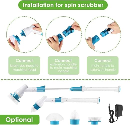 Spin Scrubber, 360 Cordless Tub and Tile Scrubber, Multi-Purpose Power Surface Cleaner with 3 Replaceable Cleaning Scrubber Brush Heads, 1 Extension Arm and Adapter