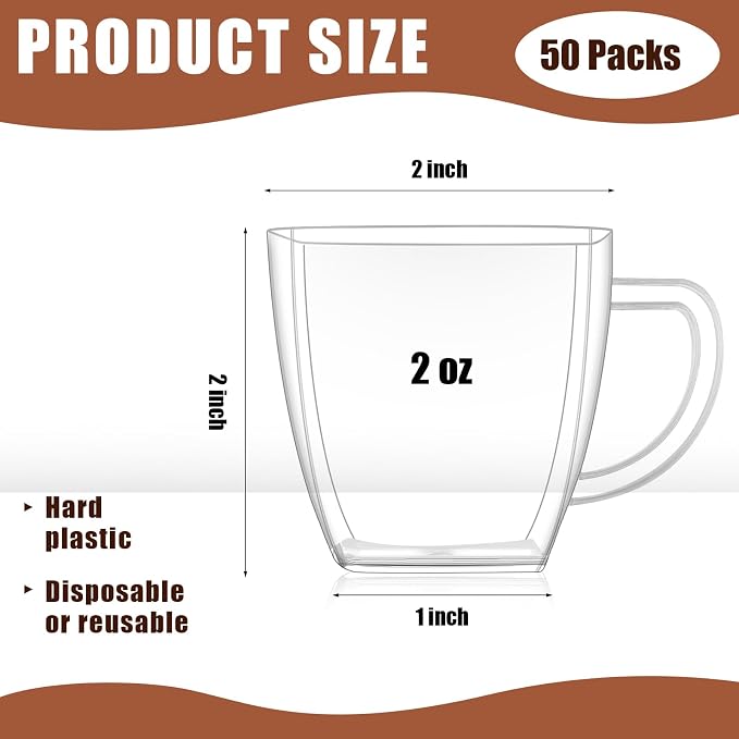 Amyhill 50 Pcs Mini Disposable Tea Cups with Handle, 2oz Hard Plastic Coffee Mug Bulk Plastic Square Disposable Espresso Cups for Wedding Tea Party Catering Dessert Sampling (Transparent)