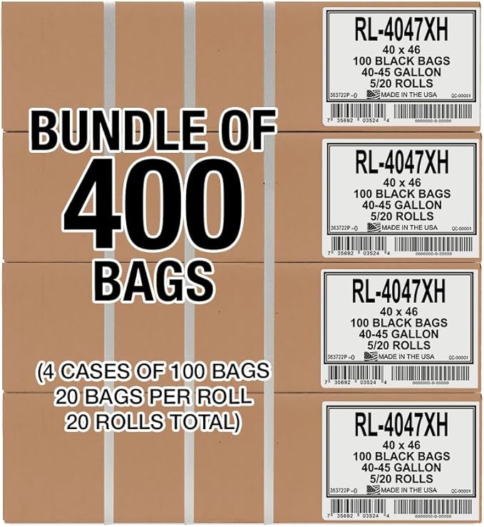 Aluf Plastics 45 Gallon Trash Can Liners (400 Count) - 40" x 46" - Thick 1.5 MIL Equivalent Black Trash Bags for Bathroom, Kitchen, Office, Industrial, Commercial, Recycling and More