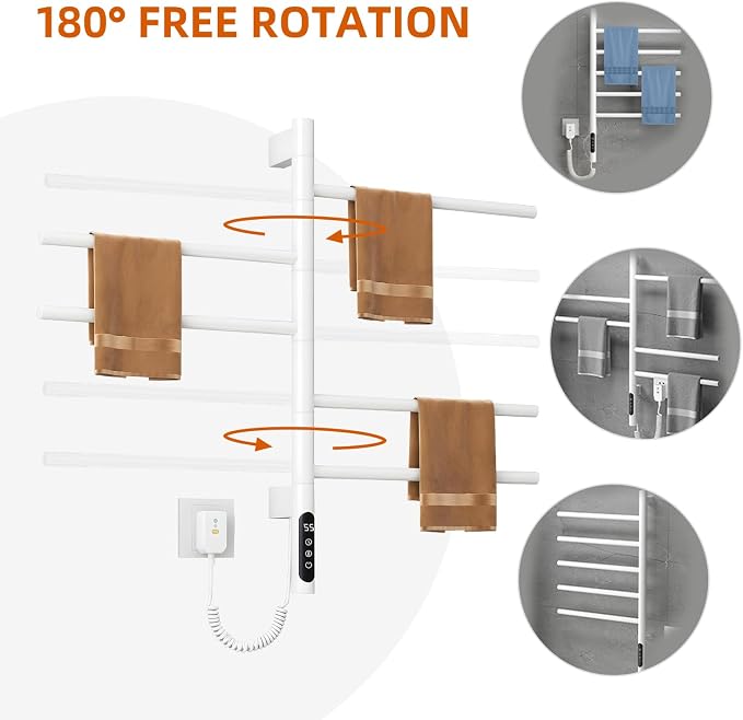 Electric Towel Warmer,5-Bar Rotating Heated Towel Rack,2-3 Minutes to 55°C/131°F,Wall Mounted Towel Warmer with Timer and Multi-Stage Temperature Regulation,Plug-in/Hard-Wired,White
