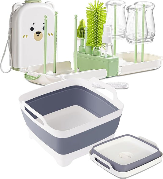 Travel Bottle Brush Set with Case & Collapsible Wash Basin with Drain Plug – Portable Baby Bottle Cleaner Kit with 6 Drying Rods – Compact Sink for Home, Camping, or Baby Gear Cleaning