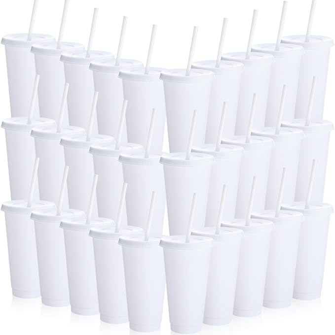 Honeydak 30 Pack Tumbler with Straw and Lid Bulk Cups for Gifts Water Bottle Iced Coffee Travel Mug Cup Reusable Plastic Tumblers for Party Birthdays 24-27 oz (White Color)