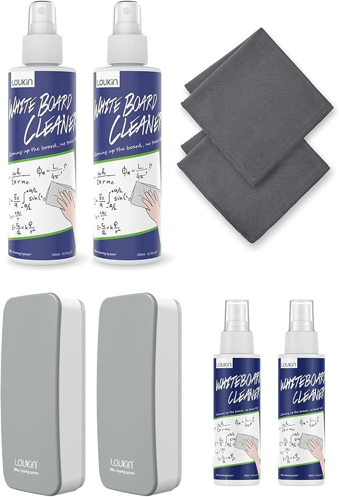 loukin | Non-toxic Whiteboard Cleaner Kit (8.5 fl oz) 2 Pack & Magnetic Dry Erase Eraser (Gray) 2 Packs & Non-toxic Whiteboard Cleaner (3.4 fl oz) 2 Pack