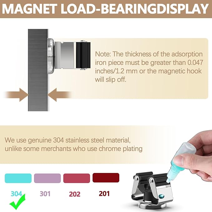 3-H Magnetic Broom Holder 8 Piece Set, 304 Stainless Steel Broom Holder Wall Mount, No Drilling Magnetic Tool Holder with 4 Mini Magnetic Hooks for Garage Garden Laundry Kitchen, Silver