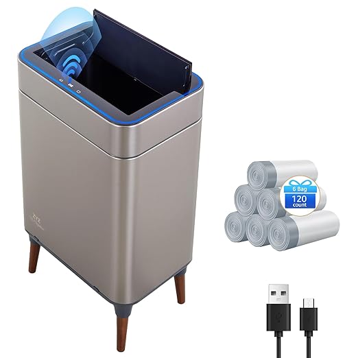 zyz Kitchen Trash Can 13 Gallon / 50L, Automatic Touchless Sensor Garbage Can with Butterfly Lid and Legs, USB 2400mAh Battery, Stainless Steel Soft-Close Trash Bin for Home (120 Count Trash Bags)