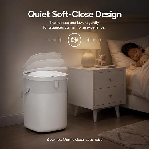 WM-DZT-12-36S Smart Motion Sensor Trash Can, Ultra-Quiet Soft-Close | Long Battery Life | Built-in Bag Storage & Portable PU Handle (White)