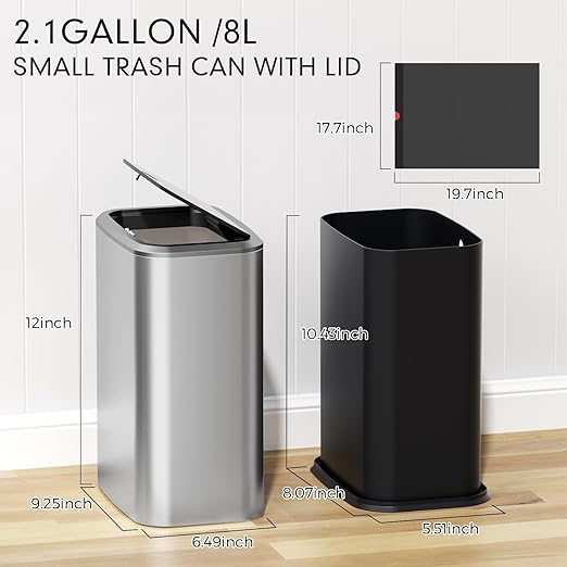 Bathroom Trash Can with Lid, 8L/2.1 Gallon Silver Trash Can Small Garbage Can with Press Top Lid Slim Stainless Steel Garbage Can with 100 Counts Trash Bags for Bathroom Bedroom Kitchen Office Toilet