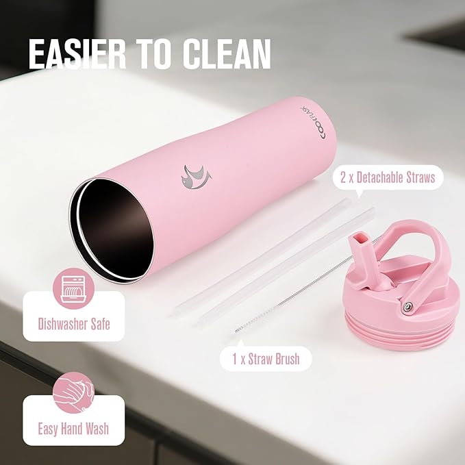 Coolflask Water Bottle 40 oz Fits Car Cup Holder, Slim Tumbler Stainless Steel with Straw & Handle, Vacuum Flask Leakproof Wide Mouth for Travel Sports Gym, Pink