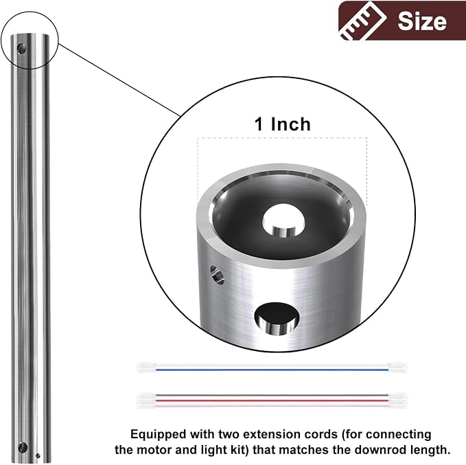 16 Inch Ceiling Fan Downrod, 1" Diameter Nickle Ceiling Fan Extension Rod (No Threads) with 5 x 18-AWG Wires,Universal Down Rods for Ceiling Fans,Easy Installation