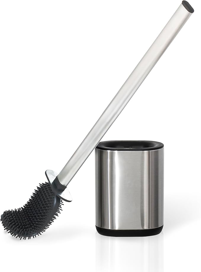 Sineng Silicone Toilet Brush and Holder Set, Stainless Steel Toilet Cleaning Brush, One-Piece Long Handle, Flexible Compact Modern RV Toilet Bowl Brush for Bathroom