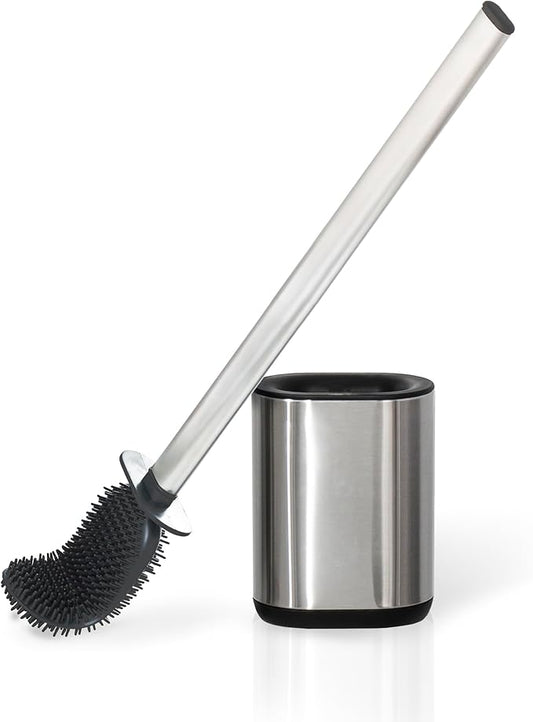 Sineng Silicone Toilet Brush and Holder Set, Stainless Steel Toilet Cleaning Brush, One-Piece Long Handle, Flexible Compact Modern RV Toilet Bowl Brush for Bathroom