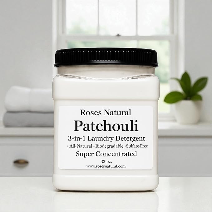 Patchouli 3-in-1 Laundry Detergent Powder, 32 oz, All-Natural Super Concentrated Powder, HE Compatible, Laundry Booster, Sulfate-Free, Made in the USA