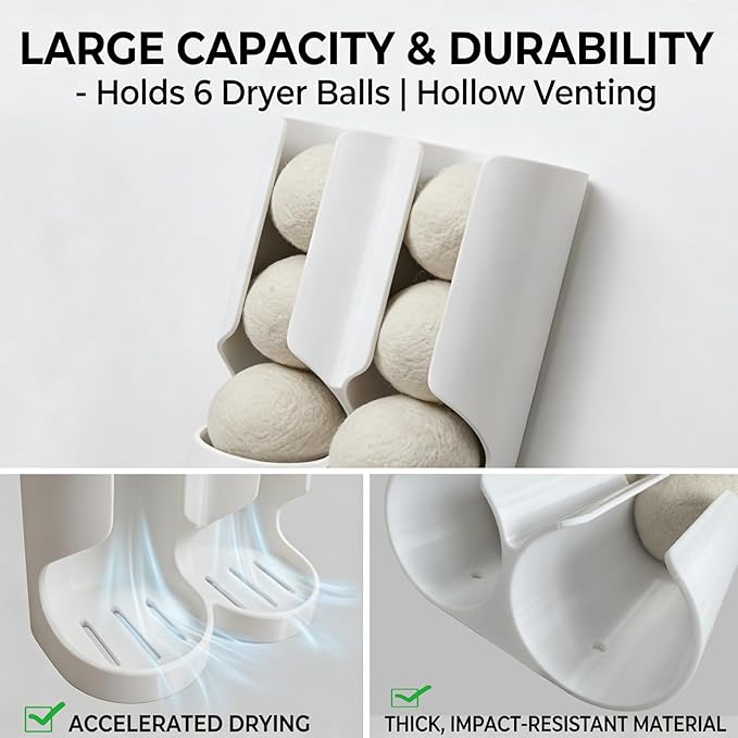 Magnetic Dryer Ball Holder for Laundry Room Organization - Space-Saving Wool Dryer Ball Storage Rack, Strong Magnet Mounts to Washer & Dryer, Holds 6+ Standard Balls, Two Ways to Use,Minimalist Design